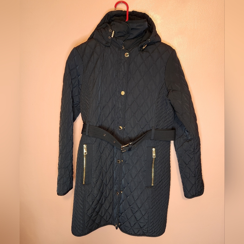 Michael Kors Navy Quilted Coat With Removable Hood. Authentic **ripped Inside**